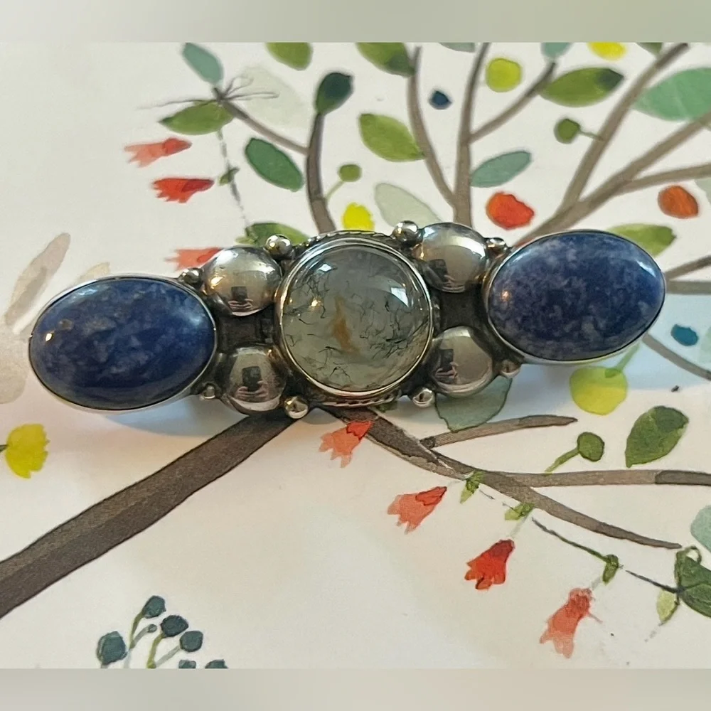 Vintage Sterling Silver Lapis Lazuli Moss Agate Brooch Pin 9.21g Artisan - Picture 4 of 5